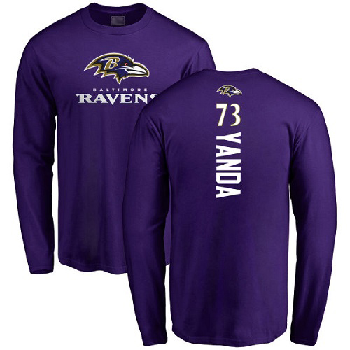 Men Baltimore Ravens Purple Marshal Yanda Backer NFL Football #73 Long Sleeve T Shirt